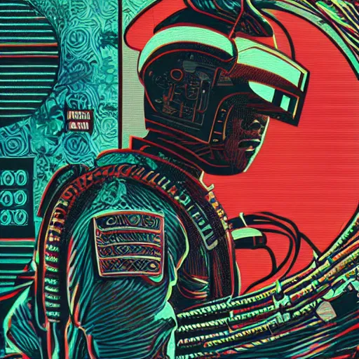 Image similar to Illustrated by Shepard Fairey and H.R. Geiger | Cyberpunk Samurai with VR helmet, surrounded by cables