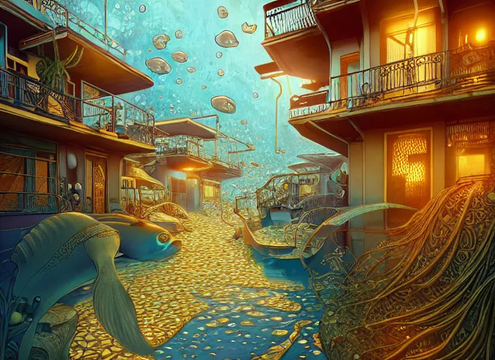 Image similar to art nouveau favela, underwater environment, scenery, professional, award - winning, trending on artstation, hyper detailed, realistic, beautiful, emotional, shiny, golden, picture