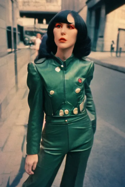 Prompt: ektachrome, 3 5 mm, highly detailed : incredibly realistic, perfect features, hair sheen, beautiful three point perspective extreme closeup 3 / 4 portrait photo in style of chiaroscuro style 1 9 7 0 s frontiers in flight suit cosplay paris seinen manga street photography vogue fashion edition