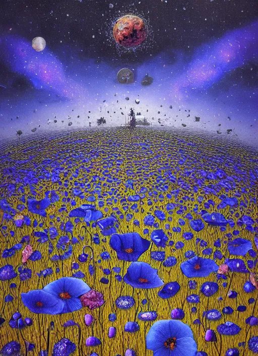 Image similar to detailed, intricate blue black and purple papaverum flower on the field, nebula, galaxy in the sky, winning award masterpiece, fantastically beautiful, illustration, aestheticly inspired, jacek yerka, upscale with anguissola sofonisba work, artstation, 8 k