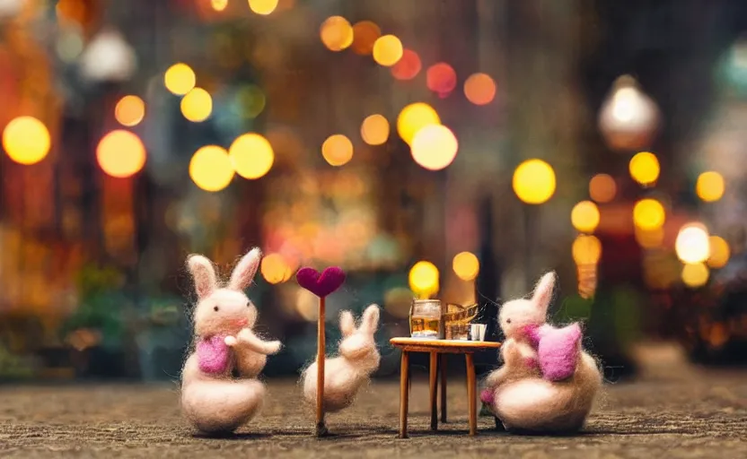 Image similar to miniature cafe diorama macro photography, cafe with felted bunnies on a date, alleyway, ambient, atmospheric, british, cozy, bokeh, romantic, colorful lanterns