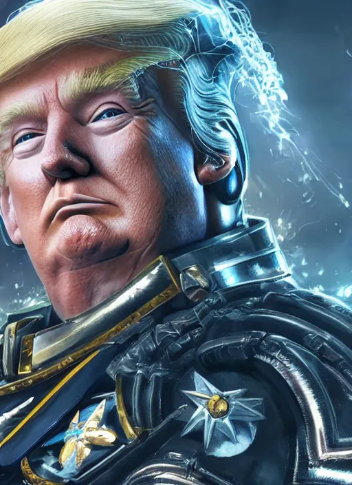 Image similar to donald trump is a space marine, hyper detailed, digital art, trending in artstation, cinematic lighting, studio quality, smooth render, unreal engine 5 rendered, octane rendered