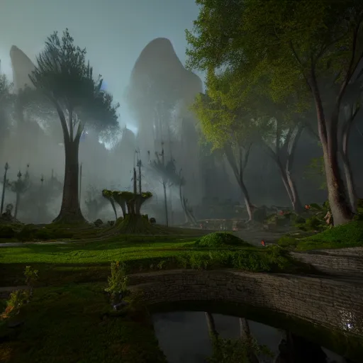 Image similar to inside a ethereal magical elven city, 8k, HDR, cinematic, volumetric lighting, unreal engine 5