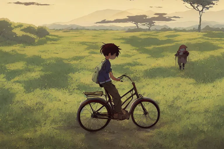 Image similar to a boy riding his bike alone through the plains of rural japan, high intricate details, rule of thirds, golden ratio, cinematic light, anime style, graphic novel by fiona staples and dustin nguyen, by beaststars and orange, peter elson, alan bean, studio ghibli, makoto shinkai