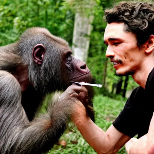 Image similar to james franco smoking a joint with an ape, award winning photography