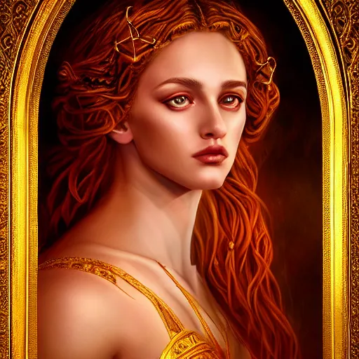Image similar to majestic gracious regal seductive deity aphrodite portrait, ancient greece, atmospheric lighting, painted, ravenous, tempestuous, humble, intricate, volumetric lighting, beautiful, rich deep colours masterpiece, golden hour, golden ratio, sharp focus, ultra detailed, by leesha hannigan, ross tran, thierry doizon, kai carpenter, ignacio fernandez rios