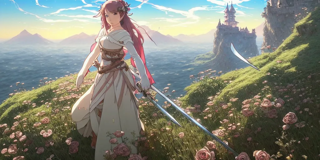 Image similar to the knight and the sword of rose petal, anime, castle core, mountains, rocky roads. by hayao miyazaki and rossdraws and artgerm and greg rutkowski and alphonse mucha and studio ghibli. high quality, stunning, intricate detailed environment. 8 k