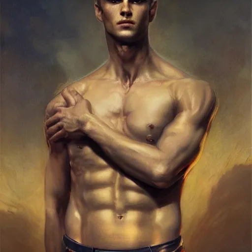 Image similar to handsome portrait of a young guy fitness posing, war hero, toned, radiant light, caustics, by gaston bussiere, bayard wu, greg rutkowski, giger, maxim verehin, alex grey,