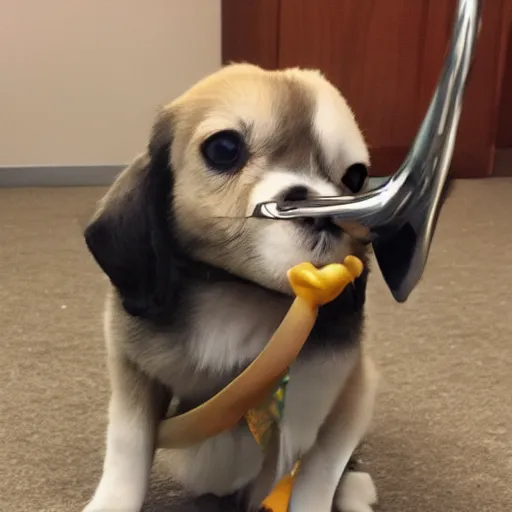 Prompt: a cute lil' trombone dog