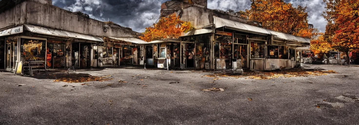 Prompt: Abandoned cafe on parking lot HDR cinematic noon detailed sunny cracked pavement autumn