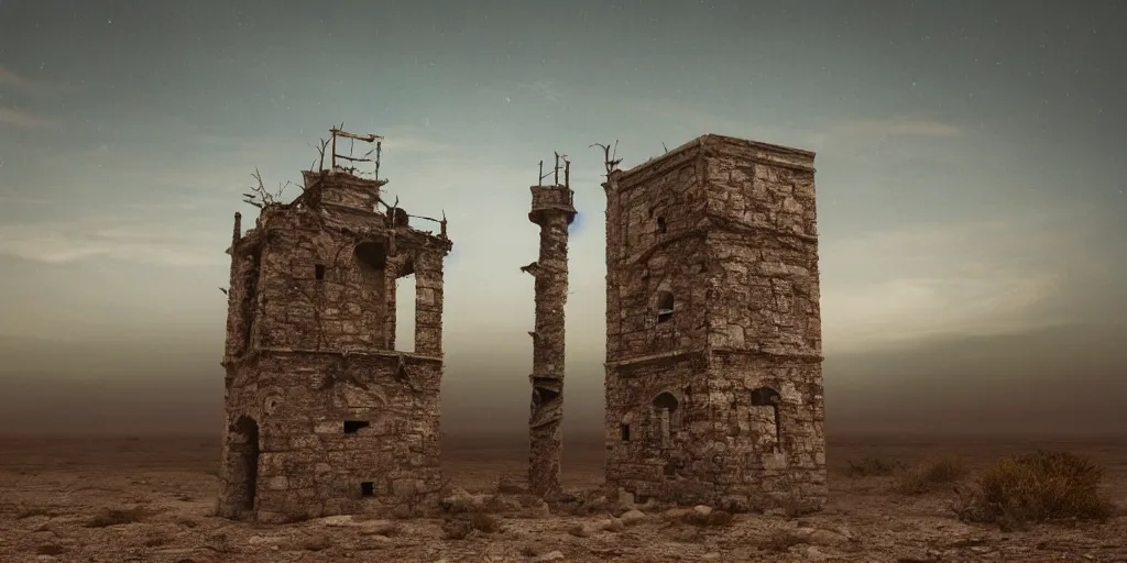 Prompt: an old decaying tower in the middle of a vast desert, fantasy, hyper realistic, atmospheric lighting, cinematic, 8k,