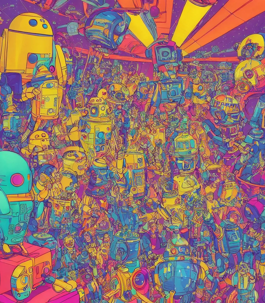 Prompt: a brightly colored drawing of some scientists throwing a party after a heureka moment, 8 0 s art deco international space station, robots, led screens, droids, a detailed painting by lisa frank, james jean, kilian eng, moebius, featured on deviantart, psychedelic art, psychedelic, whimsical, vivid colors