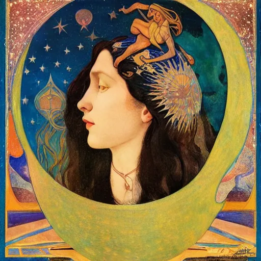 Prompt: queen of the moon with stars in her hair, by nicholas roerich and annie swynnerton and donato giancola and diego rivera and dulac, dramatic lighting, god rays, geometric tattoos, rich colors, smooth sharp focus, extremely detailed, leo and diane dillon, adolf wolfli