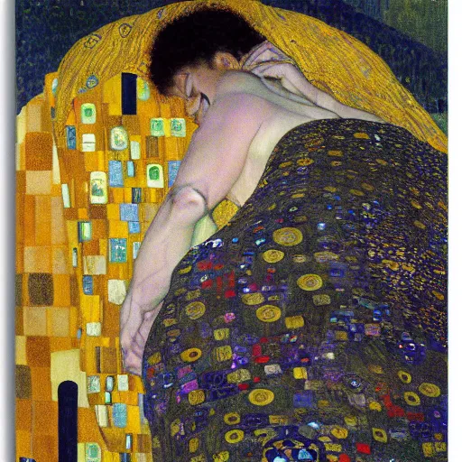 Prompt: a man laying in the sun covered by silk blankets, full body, Gustav Klimt painting