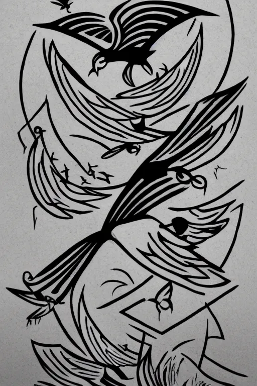 Prompt: a simple tattoo design of flying birds with lines and geometric shapes, black ink, logo, line art
