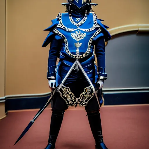 Image similar to low angle upper view of Austin Butler dressed in futuristic-baroque prussian blue duelist-garb and nanocarbon-vest and greaves with Griffin-Ram heraldry emblem, standing in an arena in Dune 2020, XF IQ4, f/1.4, ISO 200, 1/160s, 8K, RAW, unedited, symmetrical balance, face in-frame