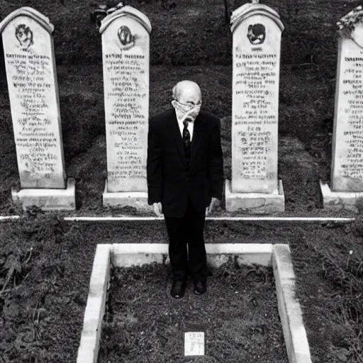 Prompt: A photo of a man wearing a black suit visiting a grave at the cemetery, grey weather