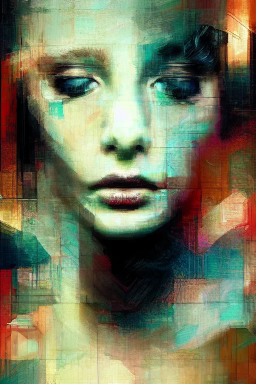 Image similar to a beautiful glitched painting by christian hook of a woman in a bathroom, geometric shapes and pixel sorting, brushstrokes by jeremy mann, still life, dark colors