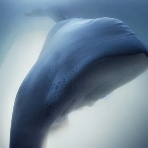 Prompt: portrait photo by national geographic and mort kunstler and annie leibovitz and monia merlo, a stunning blue whale completely covered in a long billowing flowing white sheet swimming through the ocean, backlit, 4 d, 4 k, volumetric lighting, photorealistic, light ray, hyperdetailed