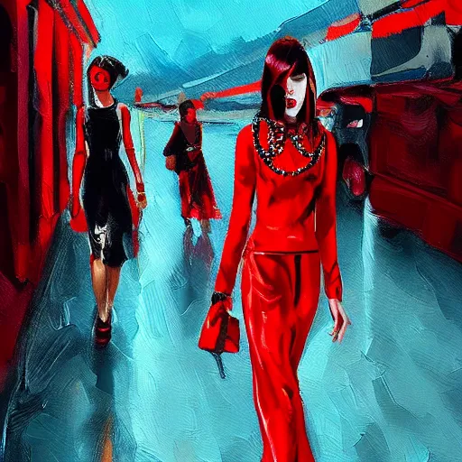 Image similar to red light fashion, gucci catwalk, oil painting, digital art, ultradetailed, artstation