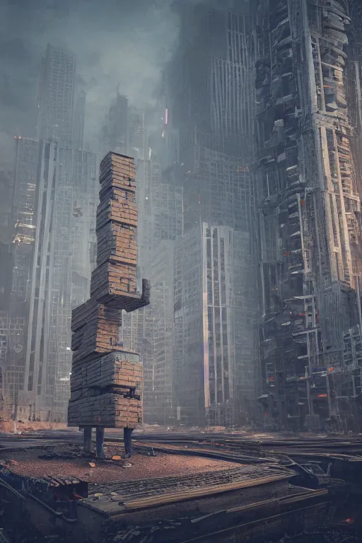 Image similar to A dystopian future in a city made of life-size Jenga blocks, evil, demonic, angelic, environment concept, Rendered in Octane, trending on artstation, cgsociety, moody lighting rendered by octane engine, environment 8K artstation, cinematic lighting, intricate details, 4k detail post processing, hyperealistic, octane render, photo realism