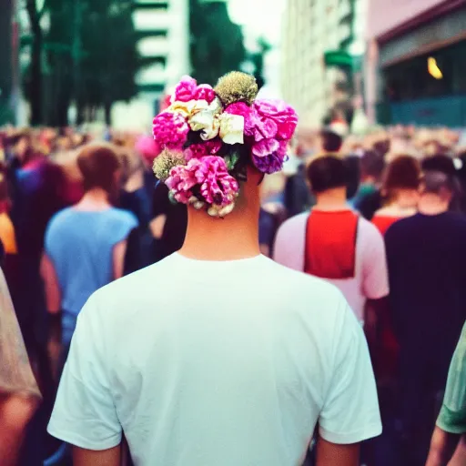 Prompt: kodak portra 4 0 0 photograph of a skinny blonde guy standing in a crowd, back view, flower crown, moody lighting, moody vibe, telephoto, 9 0 s vibe, blurry background, vaporwave colors, faded!,