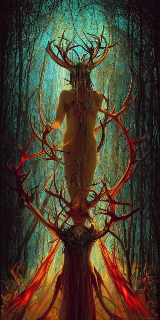 Prompt: intense glowing pagan god with antlers and veins and intense glowing eyes in very dark forest by karol bak and beksinski and alphonse mucha, portrait, fantasy, clear, light beams, lens flare, intense, uhd, red and teal and yellow, amazing depth, cinematic lighting