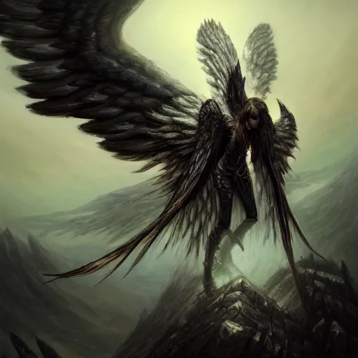 Image similar to painting of a fallen angel paladin with big burnt wings reaching the summit of a haunted mountain, sharp focus, award - winning, trending on artstation, masterpiece, highly detailed, intricate. art by seb mckinnon