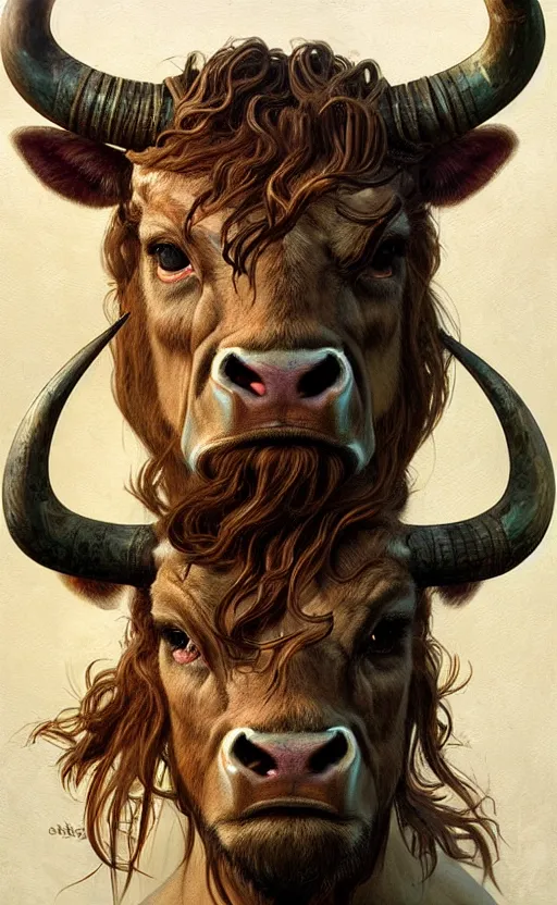 Image similar to a detailed portrait of minotaur, monster half child half bull, concept art, deep focus, intricate, highly detailed, digital painting, artstation, matte, sharp focus, illustration, art by greg rutkowski and alphonse mucha