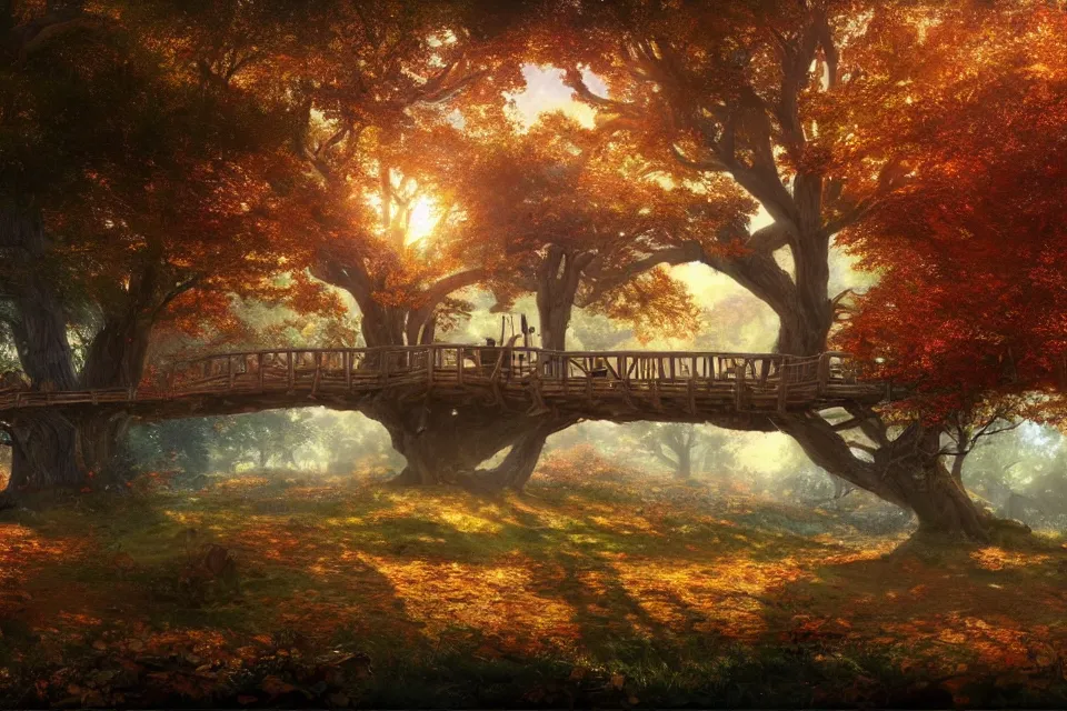 Prompt: rendering of a scene with a treehouse in autumn by makoto shinkai and thomas kinkade, fantasy matte painting, trending on cgsociety and unreal engine, light effect, highly detailed, super wide angle