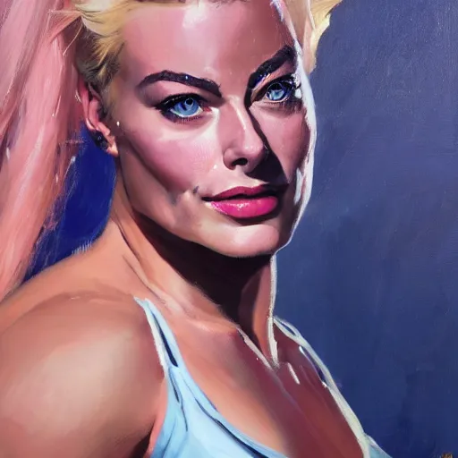 Image similar to greg manchess portrait of margot robbie as very happy thick female bodybuilder zarya from overwatch in disco elysium, epic grimdark, fantasy, medium shot, asymmetrical, profile picture, organic painting, sunny day, matte painting, bold shapes, hard edges, street art, trending on artstation, by huang guangjian and gil elvgren and sachin teng