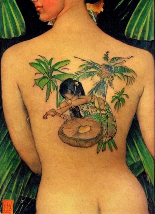 Image similar to a beautiful asian girl with a tattoo of a coconut tree on her body by Norman Rockwell