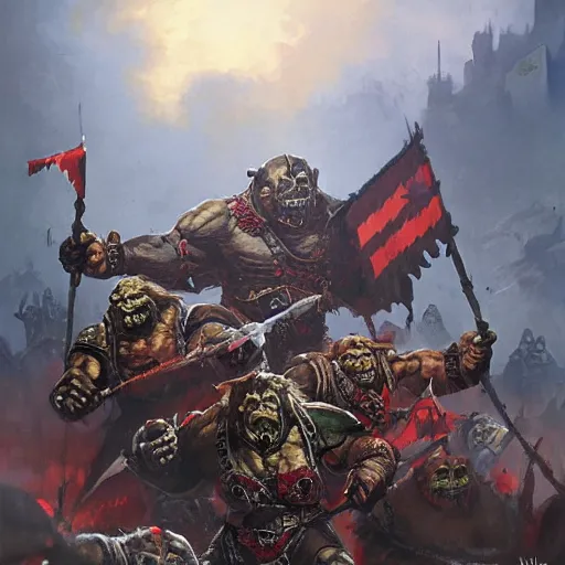 Image similar to Orcs from Warhammer Fantasy with Russian flags are charging by Greg Rutkowski