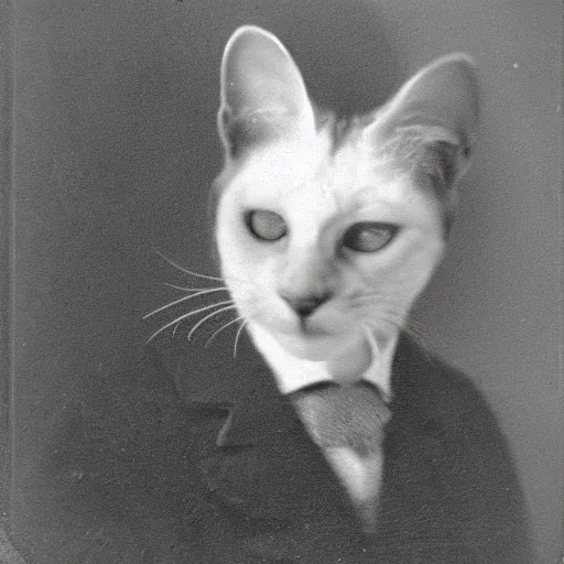 Image similar to an ominous old photo portrait of a cat baron. haunted