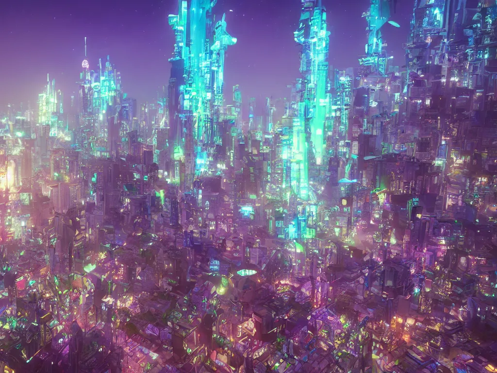 Image similar to a beautiful otherworldly fantasy model cityscape of tokyo in extreme detail, studio ghibli and pixar and abzu, rendering, cryengine, deep colors, purple and blue and green colors, vray render, cgsociety, bioluminescent