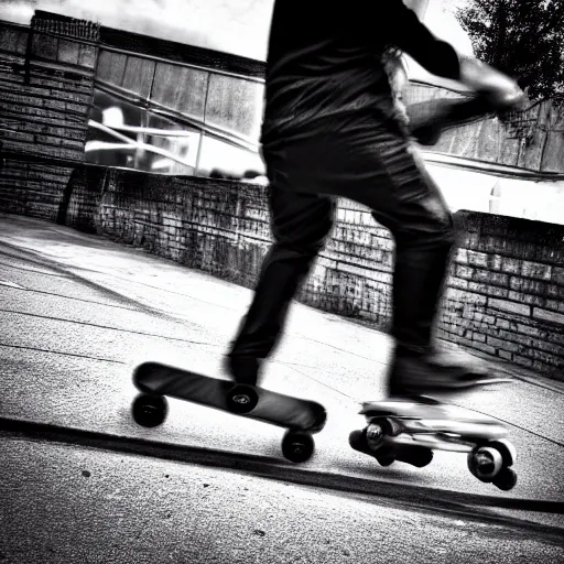 Image similar to “ grim reaper on roller blades. action shot. 4 k photo ”