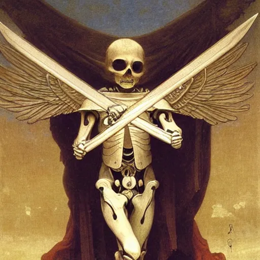 Image similar to portrait of a skeleton archer with big sword, wearing helmets and armor with wings, symmetrical, solemn, sacred, aura, by bouguereau