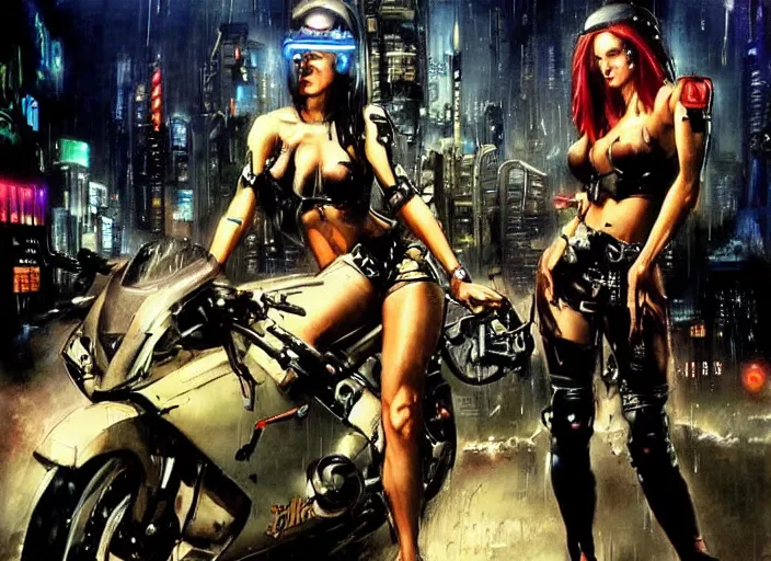 Image similar to 2 attractive cyberpunk females on motorcycles in a gritty futuristic city at night in the rain, art by Simon Bisley Frank Frazetta Martin Emond