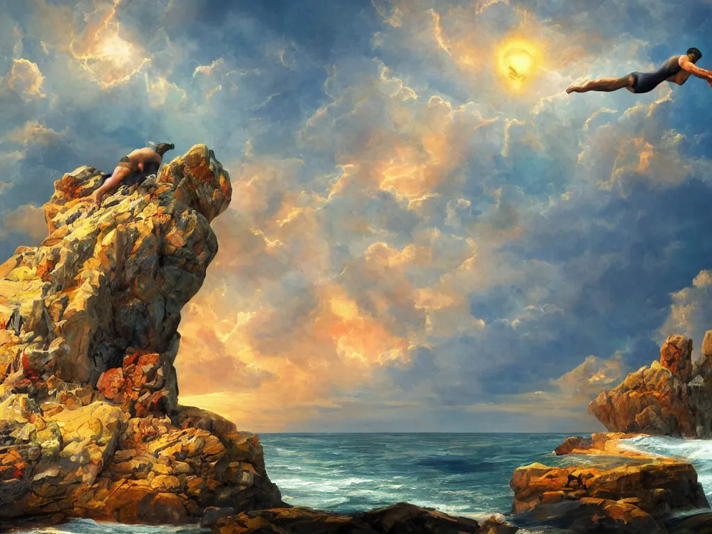 Prompt: rock cliff mountain with attached strong arms standing on muscly legs in speedos in the middle of the ocean, religious portrait lighting, oil painting 3d rendering