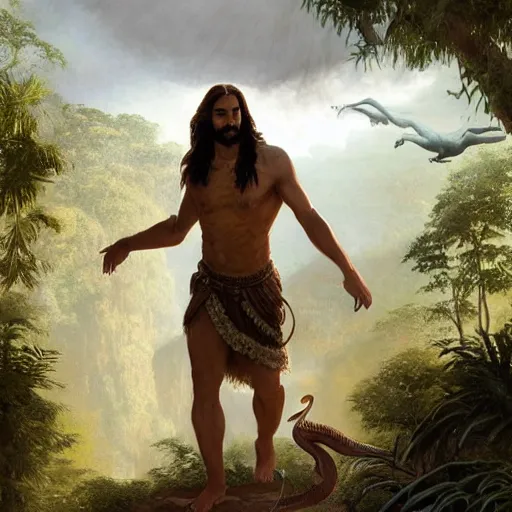 Image similar to a detailed matte painting of a ridiculously good looking jesus who is exploring the prehistoric jungle with his pet velociraptor, elegant ancient greek dress, jungle as the background, very detailed, beautiful, intricate, art by greg rutkowski and robert e howard, octane render