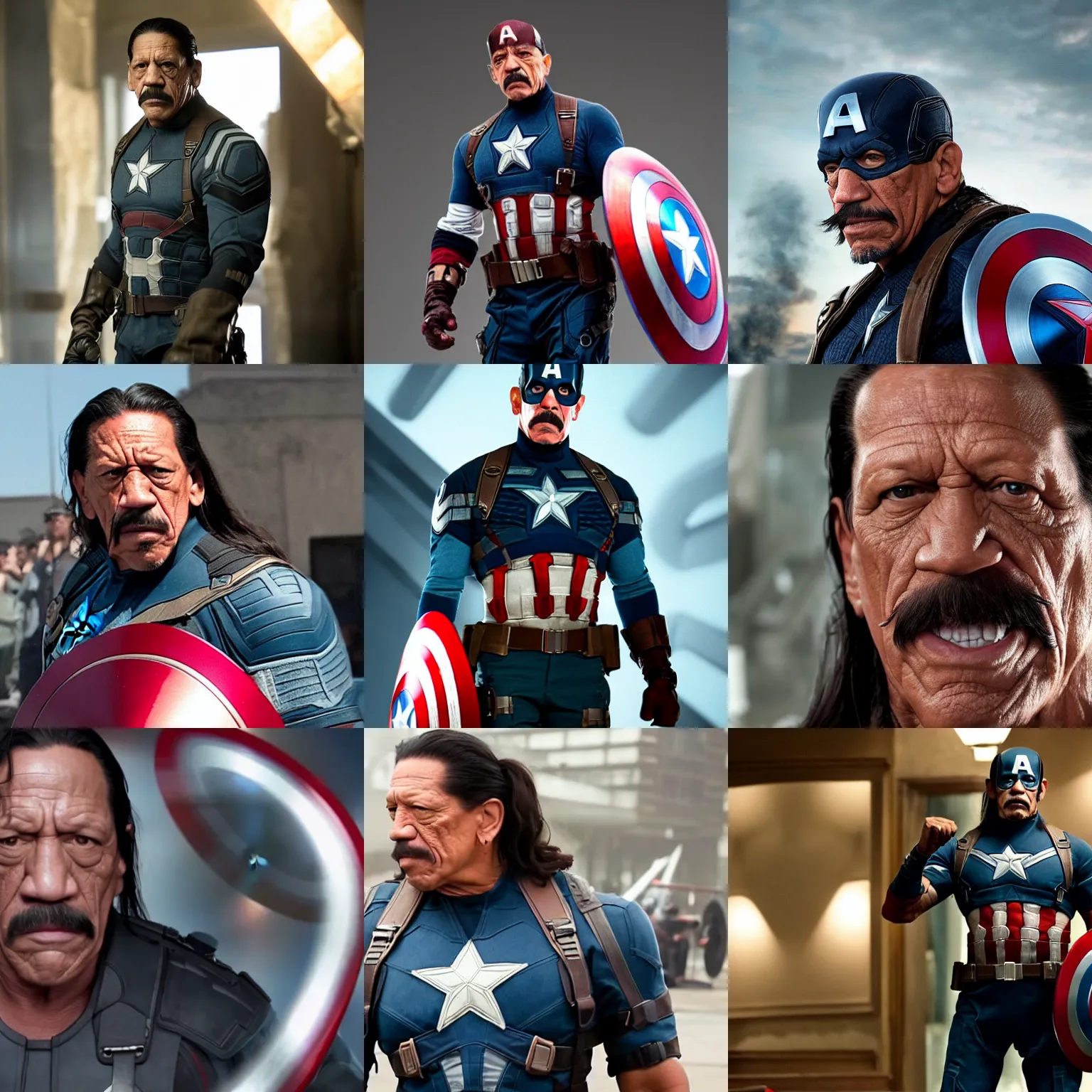 Prompt: a screenshot of danny trejo as captain america in the avengers. 8 k. very detailed