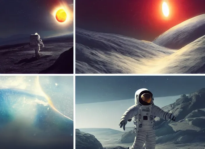 Image similar to digital art, trending on artstation, a planet exploding breaking into pieces, lunar landscape, a man in an astronaut suit sitting, moody