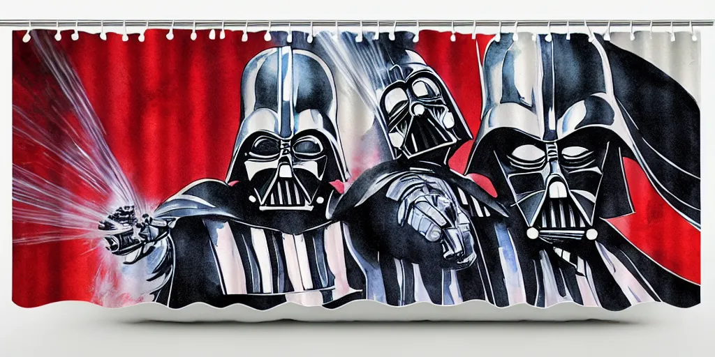 Image similar to shower curtain product catalog. wide - angle photo. on the curtain is a low - angle hero - shot watercolor of a ladybug robot fighting against darth vader. the robot has an epic showdown with darth vader. the water color has ink under drawing. highly coherent, product photography of a shower curtain, product lighting. 4 k, highly detailed. saturated.