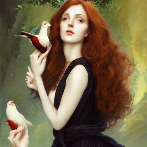 Image similar to a painting of a woman holding two birds, a character portrait by charlie bowater, featured on deviantart, pre - raphaelitism, pre - raphaelite, wiccan, deviantart