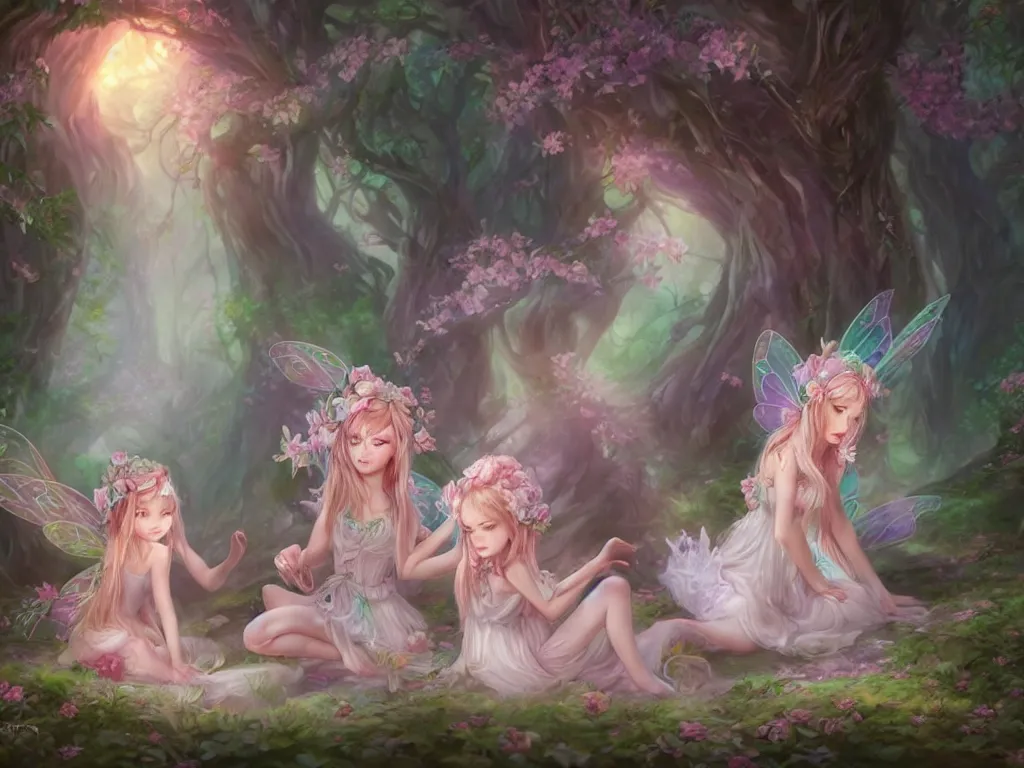 Image similar to two cute fairy in the dreamy forest, fantasy, dreamlike, 8 k resolution, hyper detailed, d & d, character design, digital painting, trending on artstation, sharp focus, illustration, art by artgerm, viktoria gavrilenko, hoang lap, fuji choko, steve zheng