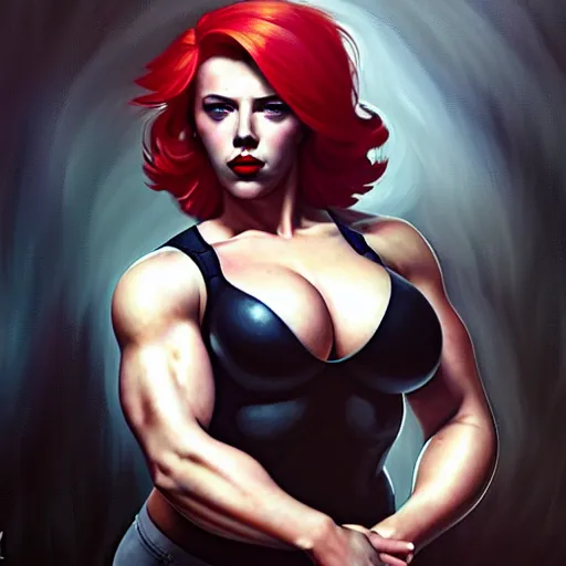 Image similar to greg manchess portrait of scarlett johansson as thick very muscular gothic weightlifter zarya from overwatch with red hair and black lipstick, fantasy medium shot, asymmetrical, profile picture, organic painting, sunny day, matte painting, bold shapes, hard edges, street art, trending on artstation, by huang guangjian and gil elvgren and sachin teng