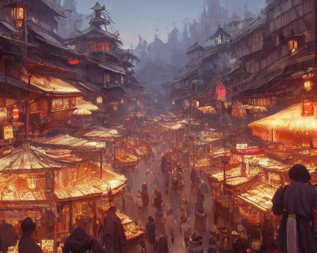 Image similar to bustling marketplace in a great kitsune city, a fantasy digital painting by Greg Rutkowski and James Gurney, trending on Artstation, golden hour, highly detailed