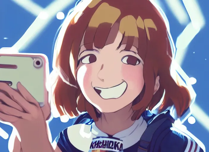 Image similar to closeup portrait of ochaco uraraka from my hero academia taking a selfie with her shoe collection, comfy, lofi, gentle, anime, intricate, sharp focus, lens flare, bloom, illustration, highly detailed, digital painting, concept art, matte, art by ruan jia and wlop and greg rutkowski, masterpiece