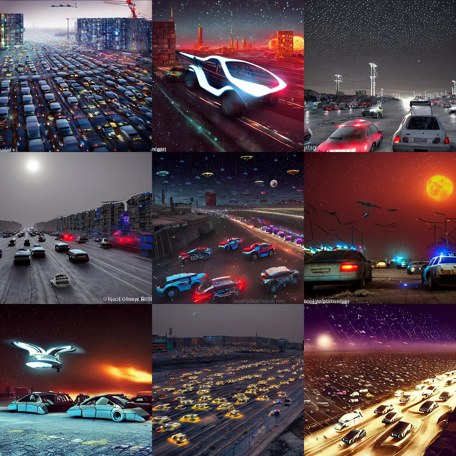 Prompt: flying cars in a traffic jam in a Russian cyberpunk slum city called Neo Norilsk on the Moon, at night, lots of flying cars, diverse, lively, black sky full of stars, blinding sun, sci-fi, lots of flying cars, levitation, cyberpunk outfits, photorealistic, grainy, 35mm, intricate, very very beautiful, elegant, smooth, cinematic, Unreal Engine 5, by Beeple, trending on Artstation HD