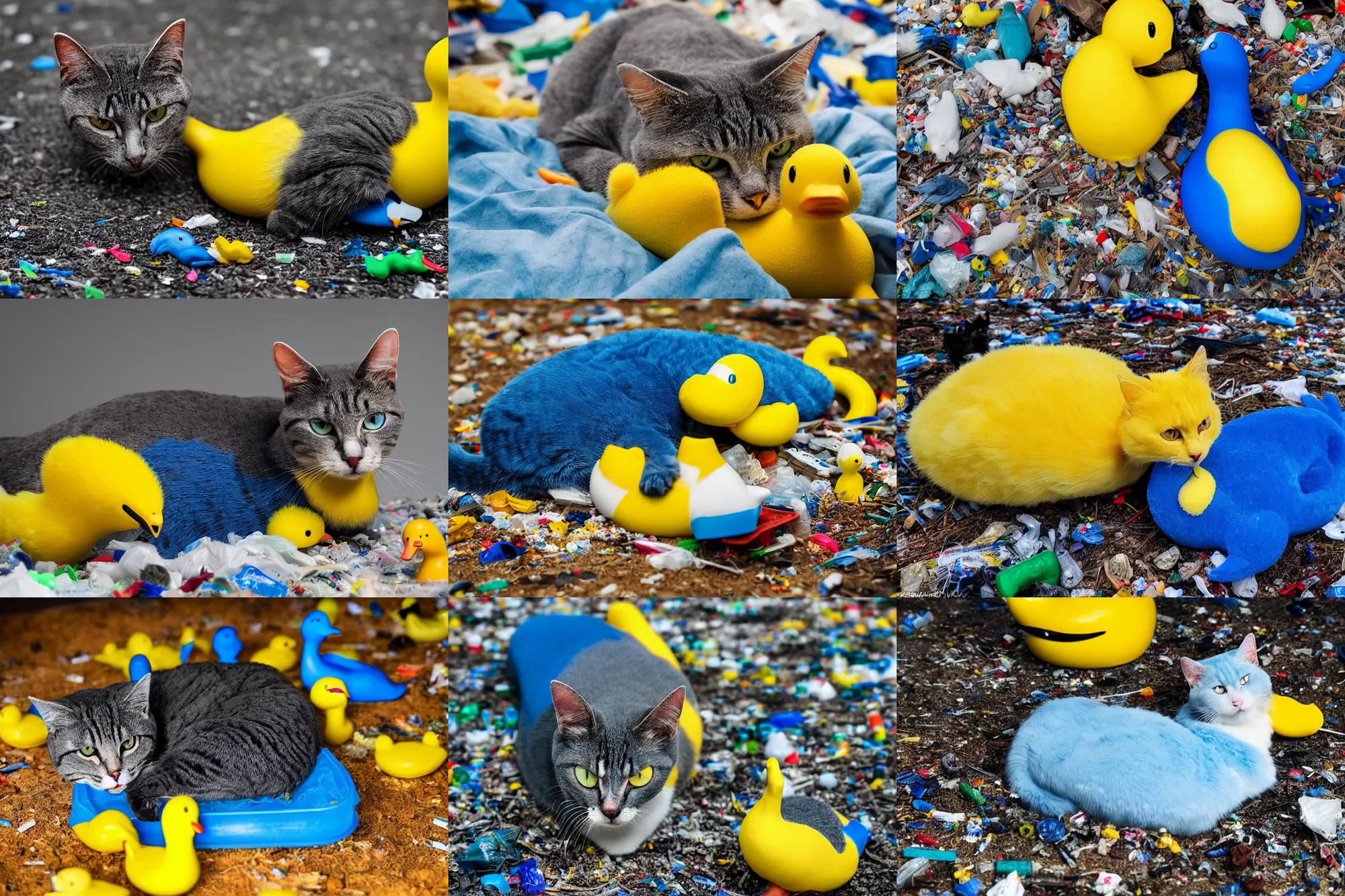 Prompt: blue - yellow colored cat hugging a plastic duck toy, laying in messy bed full of trash, insanely detailed, 8 k, hdr, gfx association, low angle, tilted, perfect lighting, macro lens, professional lenses awards winning trending on artstation, cover, national geographic best photo of the year